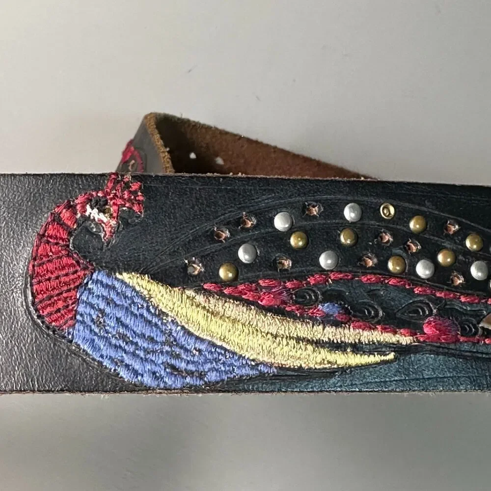 Lucky Brand Embroidered Peacock Black Leather Belt Large Studs Boho